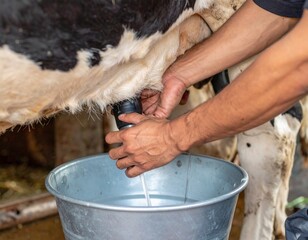 Close-up of hands milking cow by hand with fresh milk flowing into a bucket, rural agriculture and dairy work scene.