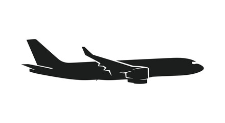 A stark black silhouette of a modern passenger jet airplane in flight against a white background silhouette