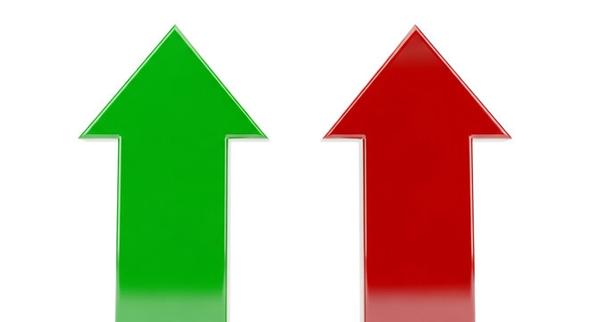 Dynamic green and red arrows pointing upwards signify growth, success, and contrasting market trends in a clean, modern presentation