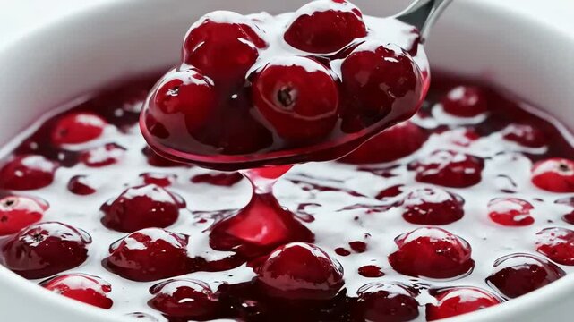 Red cherry compote in a bowl being served with a spoon, representing abundance, refreshment, summer delight, preservation, and dessert preparation