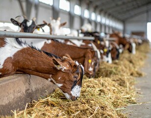 Close-up of goats eating straw in a stable, representing dairy goat farm and sustainable agriculture.