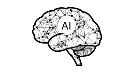 Stylized black and white illustration of an ai brain silhouette with interconnected nodes and lines representing neural networks