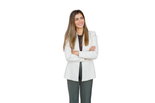 Confident young businesswoman standing with crossed arms, smiling and looking away, career success on transparent background