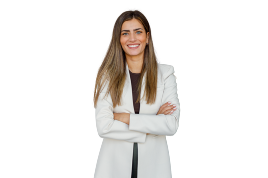 Confident businesswoman smiling, hands crossed, standing on transparent background, portraying success and professionalism