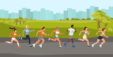Group of diverse athletes running a city marathon race