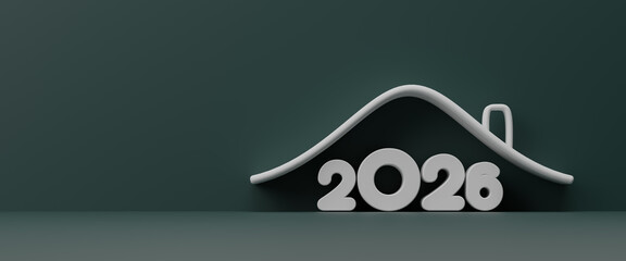 House concept with 2026 New Year number on abstract background. Family budget planning. Investments, plans, savings. Mortgage rates. Real estate concept for home purchase. 3d rendering illustration