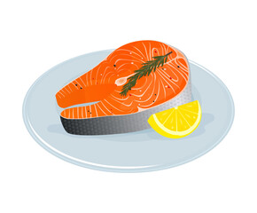Fresh salmon steak with lemon and rosemary on plate