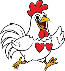 Cartoon white rooster with red hearts dancing joyfully, expressive farm animal character for children’s media, festive decor, and humor content