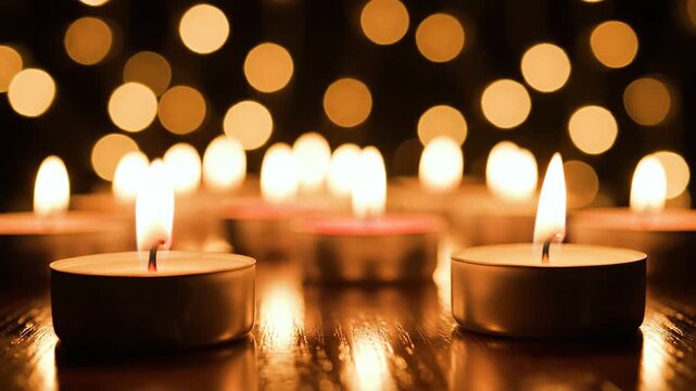 Many Burning Candles Shallow Depth - This video shows many small lit candles with a shallow depth of field. The candle flames are bright and the background is blurred with bokeh.