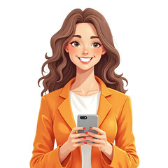 A young woman in an orange blazer holding a phone isolated on transparent background