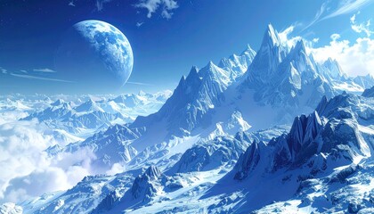 Icy Blue Mountainscape Under Alien Moon