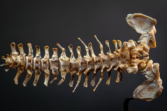 Real animal spine displayed on a dark background, showing vertebrae, ribs and pelvis bones, creating a captivating educational display