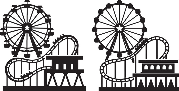 Amusement park rides ferris wheel and roller coaster silhouette