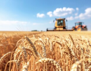 Golden Wheat Field Harvested by Modern Agricultural Machinery Under a Bright Blue Sky