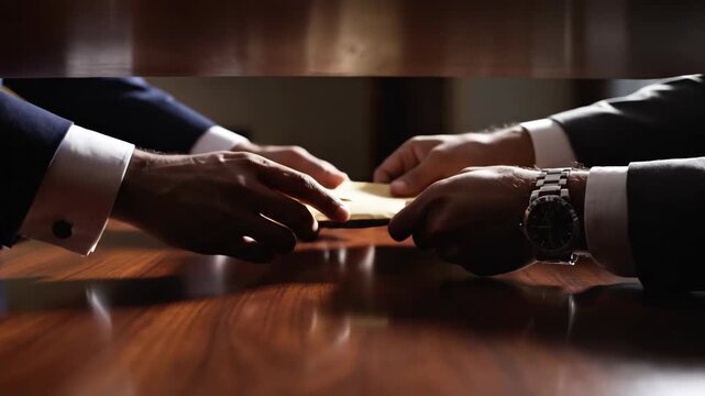 Two businessmen exchanging an envelope with cash in a covert transaction, illustrating bribery and corruption in finance footage.