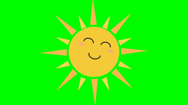 2D animated cartoon of a cute sun icon with a smile isolated on a green screen with chroma key. 4K resolution.