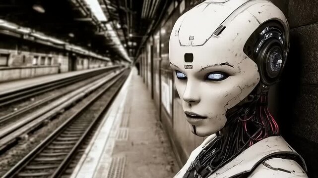 Futuristic android contemplates existence amidst urban transport infrastructure