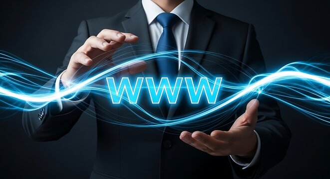 Dynamic businessman masterfully controls glowing WWW internet network, symbolizing global connectivity and digital innovation.