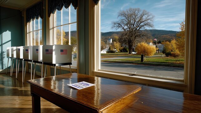 Inside Polling Place with Voting Booths and Ballot Box View