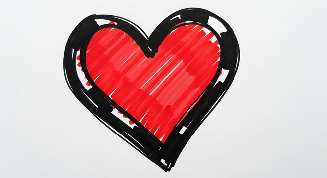 Vibrant hand drawn red heart symbol with bold black outline radiates love and passion, perfect for heartfelt messages and romantic themes