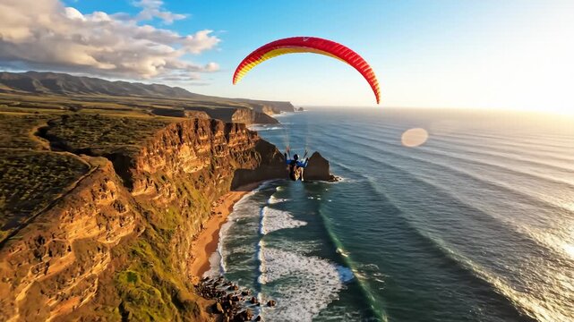 Paraglider Gliding Over Coastal Cliffs and Ocean at Sunset