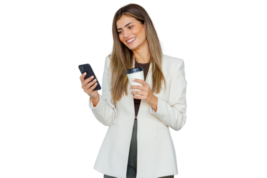 Businesswoman standing, holding smartphone and coffee cup, smiling during a break, transparent background