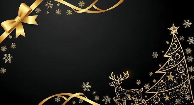 Golden Christmas Ornaments and Stars Hanging Over Black Background with Glitter Effect