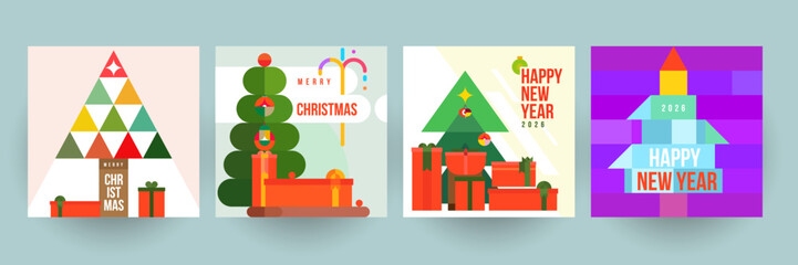 Set background for covers, invitations, posters, banners, flyers, placards. Minimal template design for branding, advertising with winter christmas composition in mosaic style. Vector illustration.