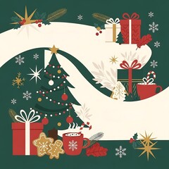 Beautiful Christmas Tree with Gift Boxes, Ornaments, and Golden Lights on Beige Background