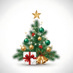 Beautiful Christmas Tree with Gift Boxes, Ornaments, and Golden Lights on Beige Background