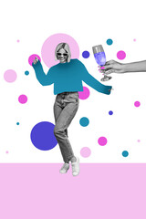 Vertical photo collage of happy blonde girl dance weekend occasion hand offer champagne glass beverage vibe isolated on painted background