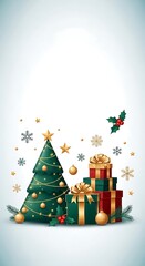 Beautiful Christmas Tree with Gift Boxes, Ornaments, and Golden Lights on Beige Background