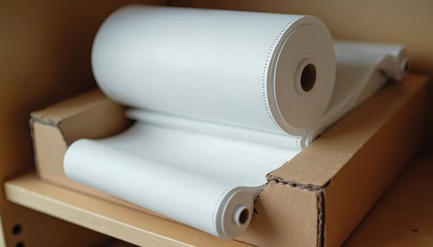 Roll of continuous printer paper is in cardboard box. Paper is perforated for easy tearing. It is used in old dot matrix printers for reports and receipts. Concept of office work.