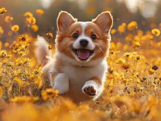 Playful Puppy Running in a Sunny Flower Field