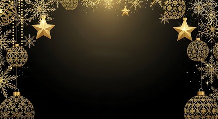 Luxury New Year and Christmas Background with Golden Snowflakes and Ornaments on Black Texture