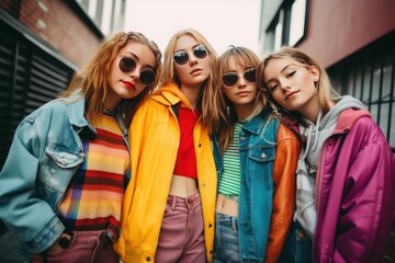 Group of stylish female friends posing together in an urban setting, showcasing trendy colorful outfits and sunglasses