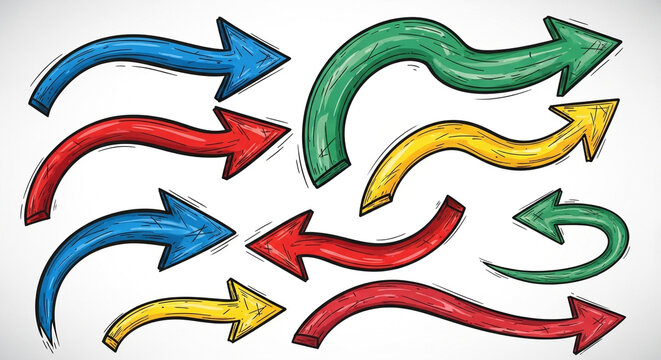 Dynamic collection of vibrant hand-drawn arrows in blue, red, green, and yellow guiding your way forward with style