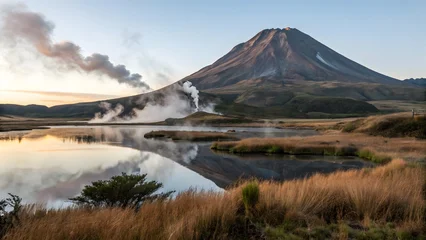 Wanddecoratie Reflectie Mount taranaki, new zealand, stands majestically with steam rising, reflected in a tranquil lake, capturing the raw beauty of a volcanic landscape  © Rakib