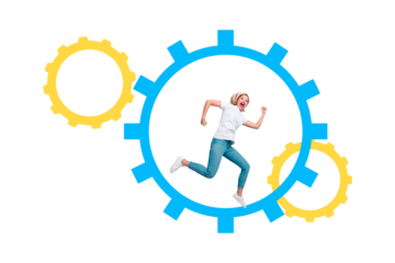 Creative collage picture woman runner cogwheel business optimization project management setting configure drawing background