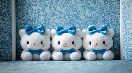 Three adorable white cat plushies with blue bows sitting in a row