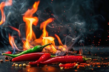 Red Chili Peppers on Fire with Fiery Sparks and Smoke