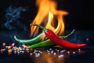 Red Chili Peppers on Fire with Fiery Sparks and Smoke