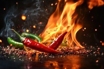 Red Chili Peppers on Fire with Fiery Sparks and Smoke