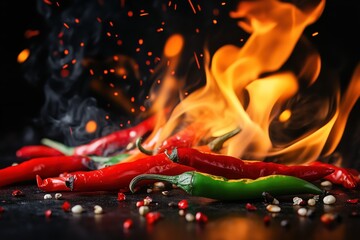 Red Chili Peppers on Fire with Fiery Sparks and Smoke