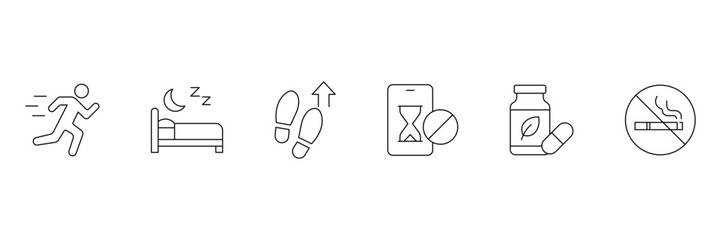 Healthy Lifestyle line icon set. Wellness and fitness related line icons. Exercise, sleep, hydration, nutrition, healthy and habits. Vector illustration.