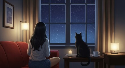 Woman sitting on couch looking at stars with a cat by window  
