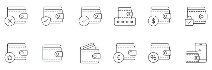 Wallet line icon set. A collection of linear icons representing wallet concepts, including cash, credit cards, digital wallet, money, security, payment, mobile wallet and more. Vector illustration.