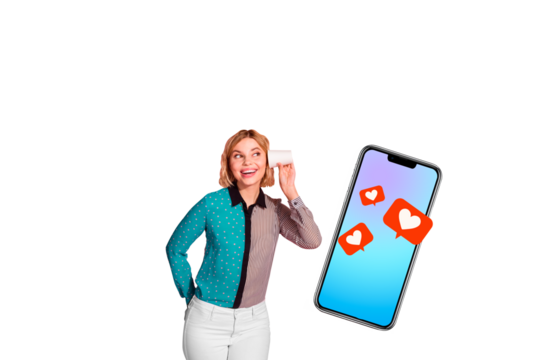 Composite photo collage of happy girl listen cup screen phone like notification blogger settings heart isolated on painted background