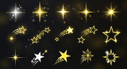 Fototapeta premium Dazzling golden starbursts and shooting star trails illuminate a dark, magical night sky, perfect for celebrations and festive designs