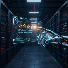Robot hand interacting with futuristic digital interface in server room